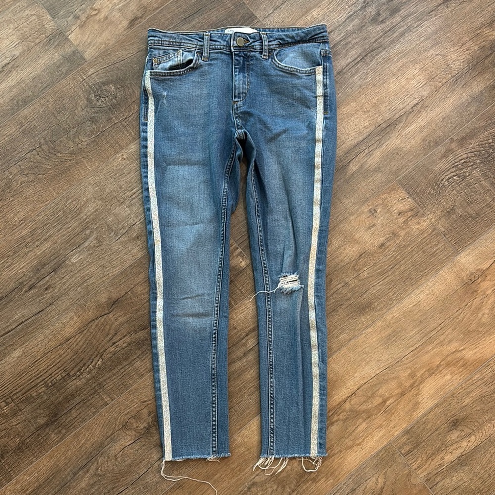 Y2K Zara Women's‎ 6 Skinny Jeans Silver Glitter Stripes Distressed Light Wash